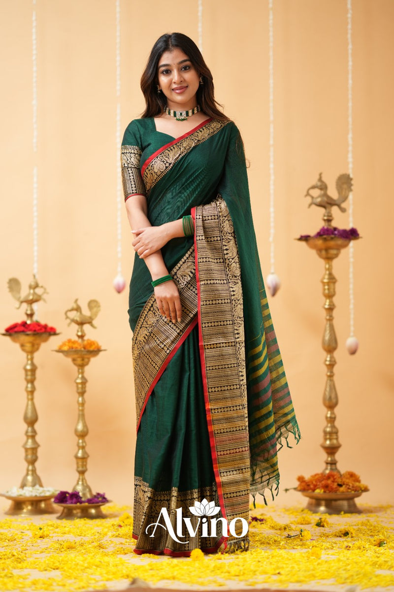 Dark Green Handloom  Narayanpet Cotton Saree