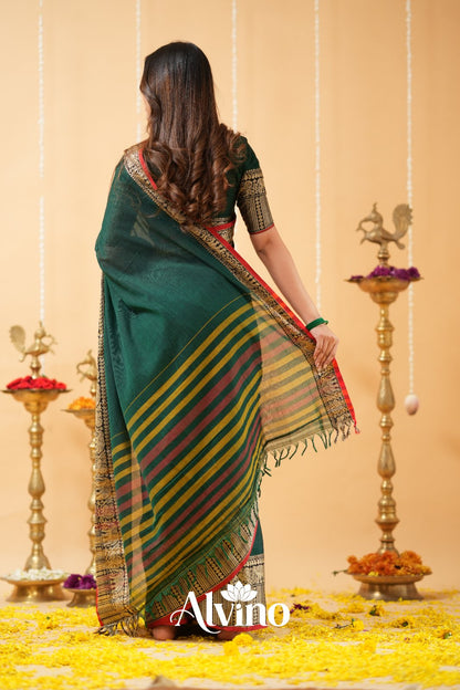 Dark Green Handloom  Narayanpet Cotton Saree