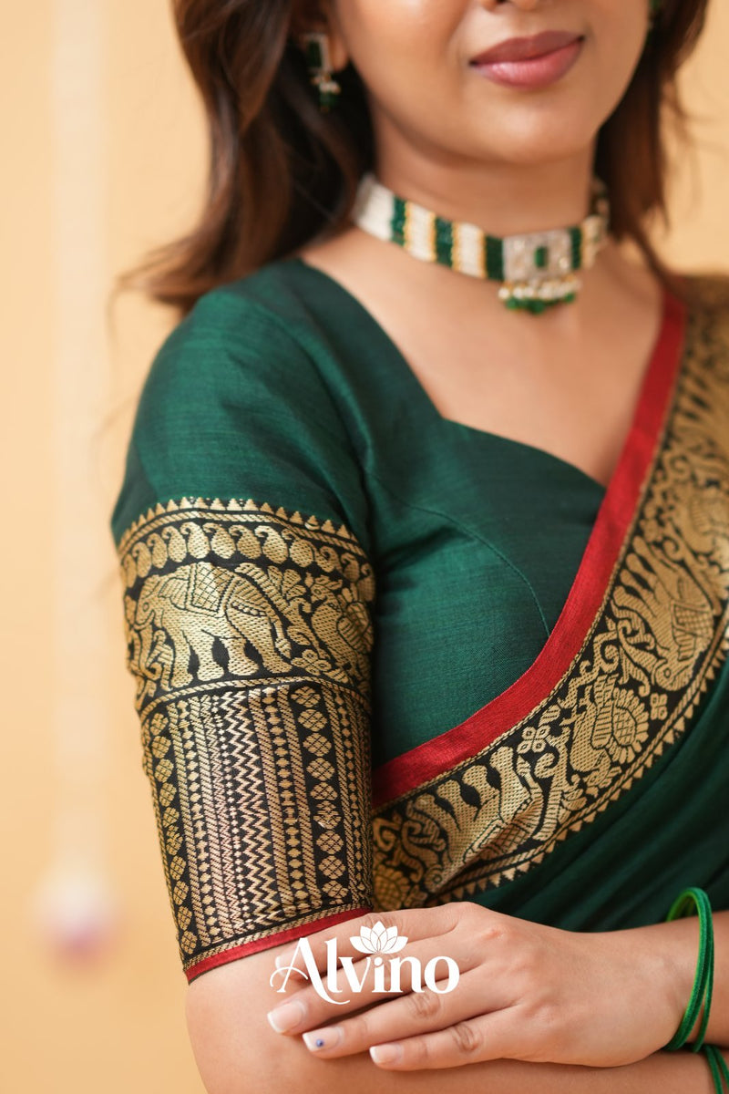 Dark Green Handloom  Narayanpet Cotton Saree
