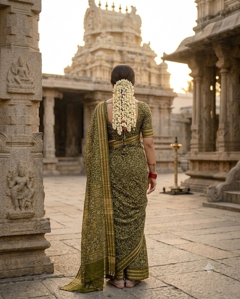 Classic Primium  Grorgette Golden Broder Green Saree