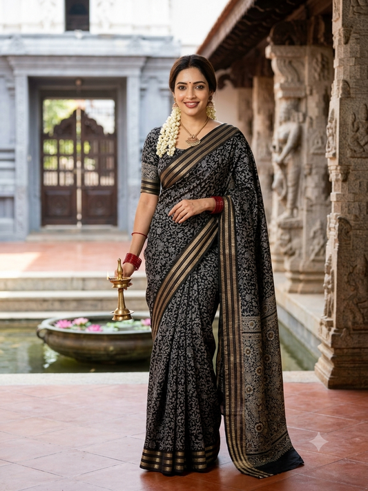 Classic Primium  Grorgette Golden Broder Black Saree
