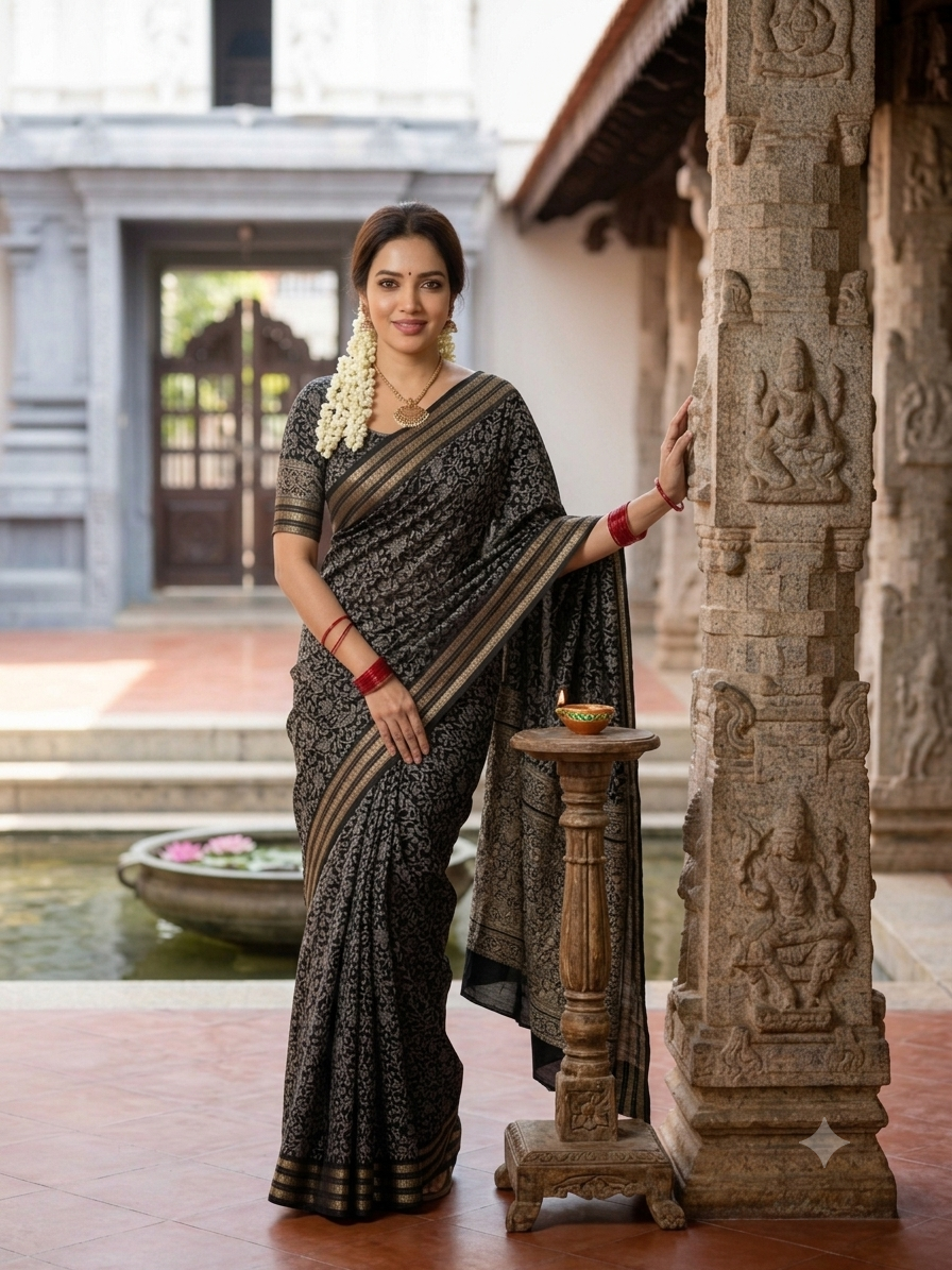 Classic Primium  Grorgette Golden Broder Black Saree
