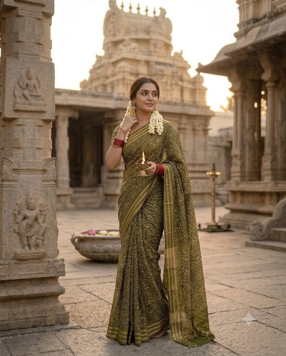 Classic Primium  Grorgette Golden Broder Green Saree