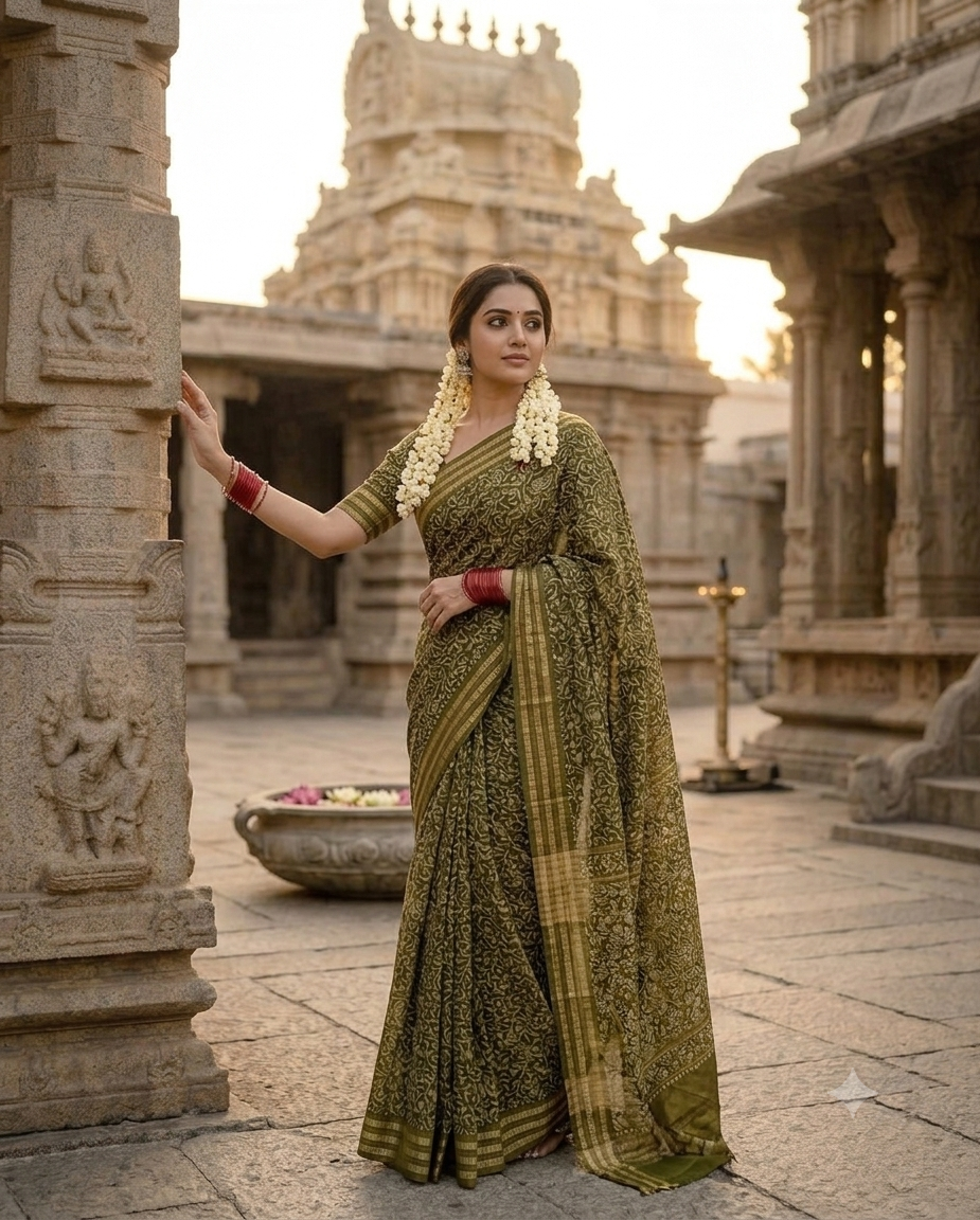 Classic Primium  Grorgette Golden Broder Green Saree
