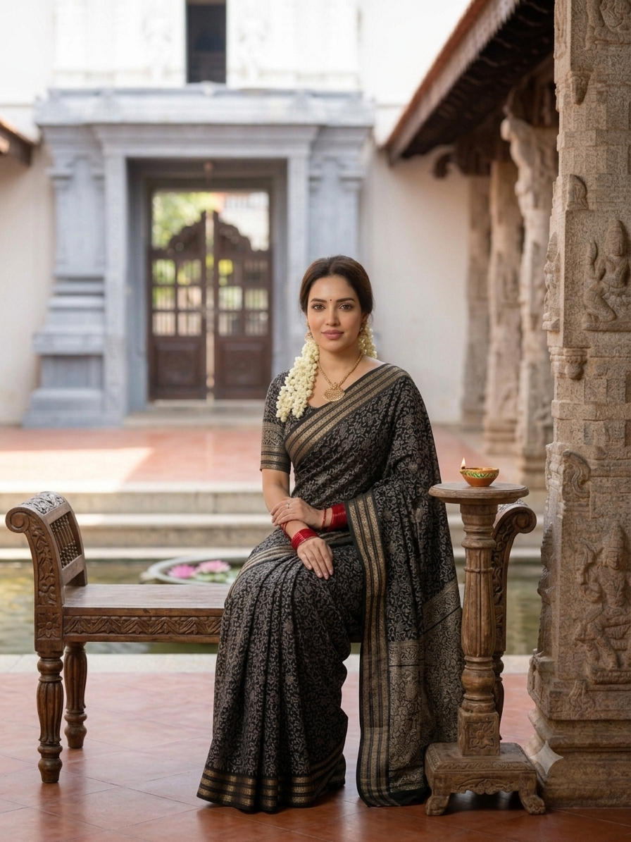 Classic Primium  Grorgette Golden Broder Black Saree
