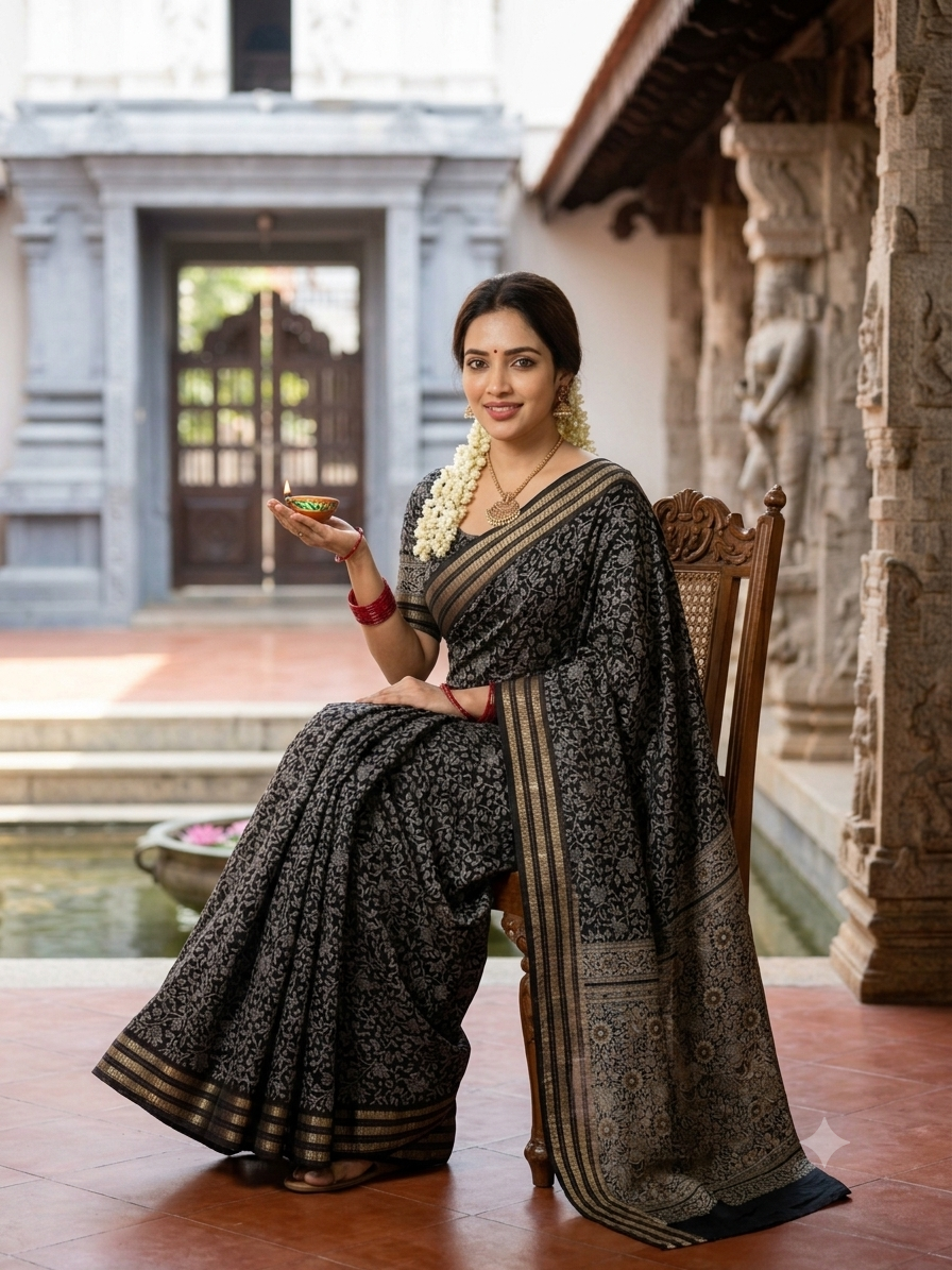 Classic Primium  Grorgette Golden Broder Black Saree