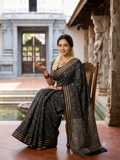Classic Primium  Grorgette Golden Broder Black Saree