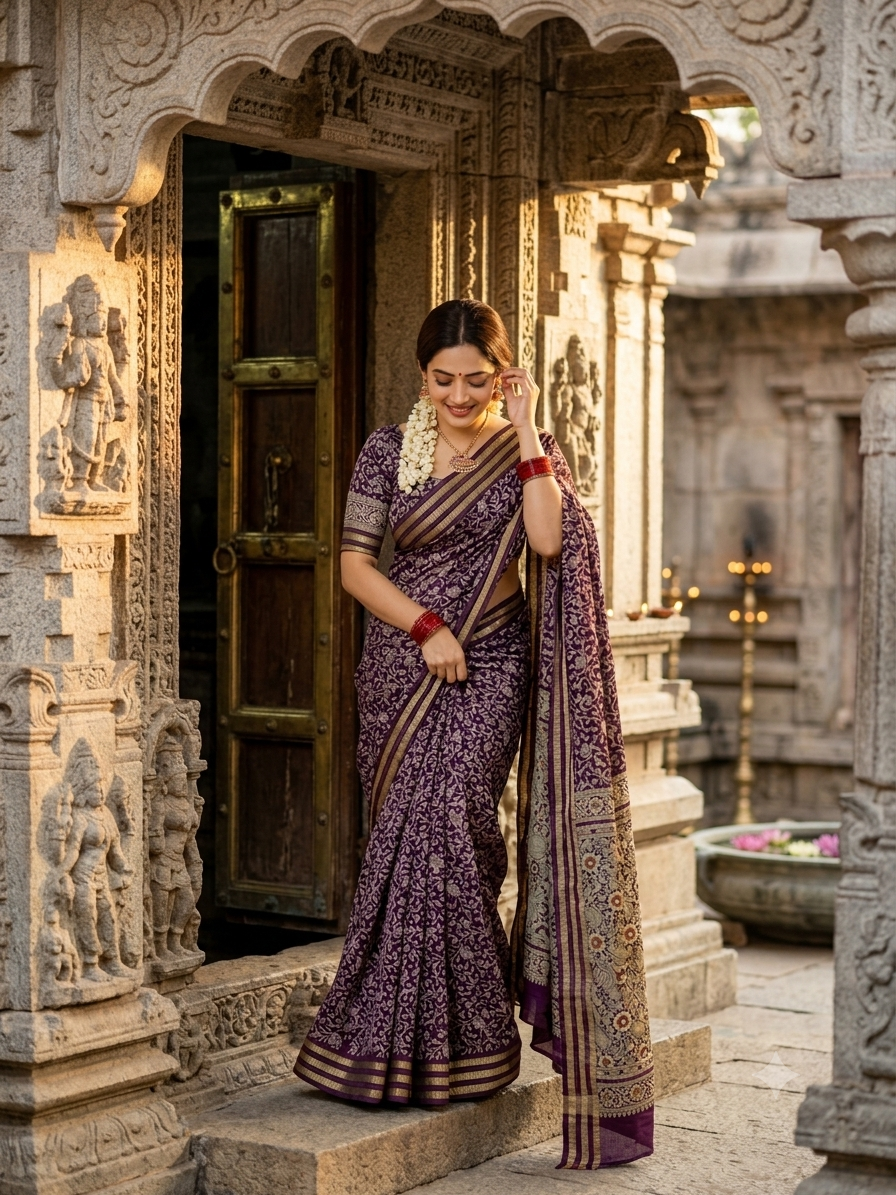 Classic Primium  Grorgette Golden Broder Magenta Saree