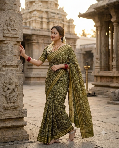 Classic Primium  Grorgette Golden Broder Green Saree