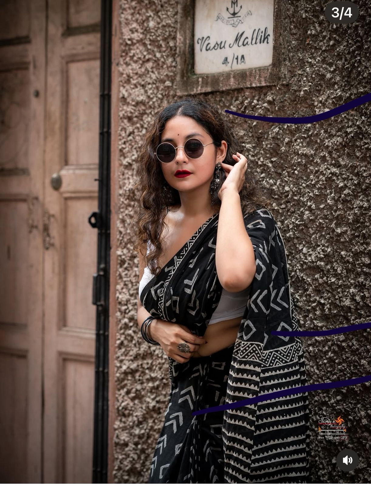 Black Linen Saree With White Geometric Print