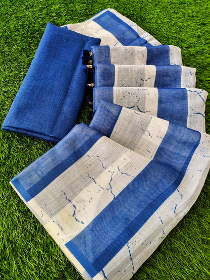 Blue Linen Cotton Traditional Saree
