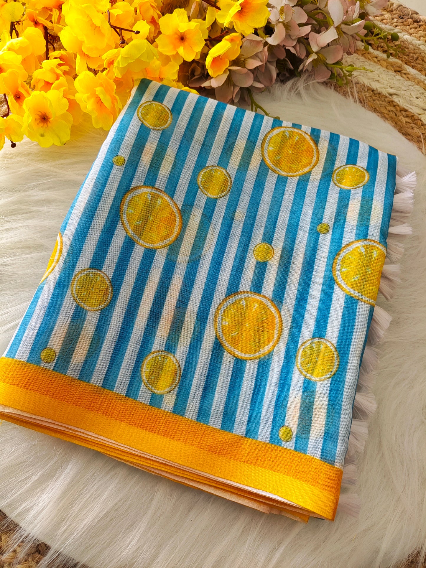 Yellow Bloom Cotton Linen Delicate Prints Saree