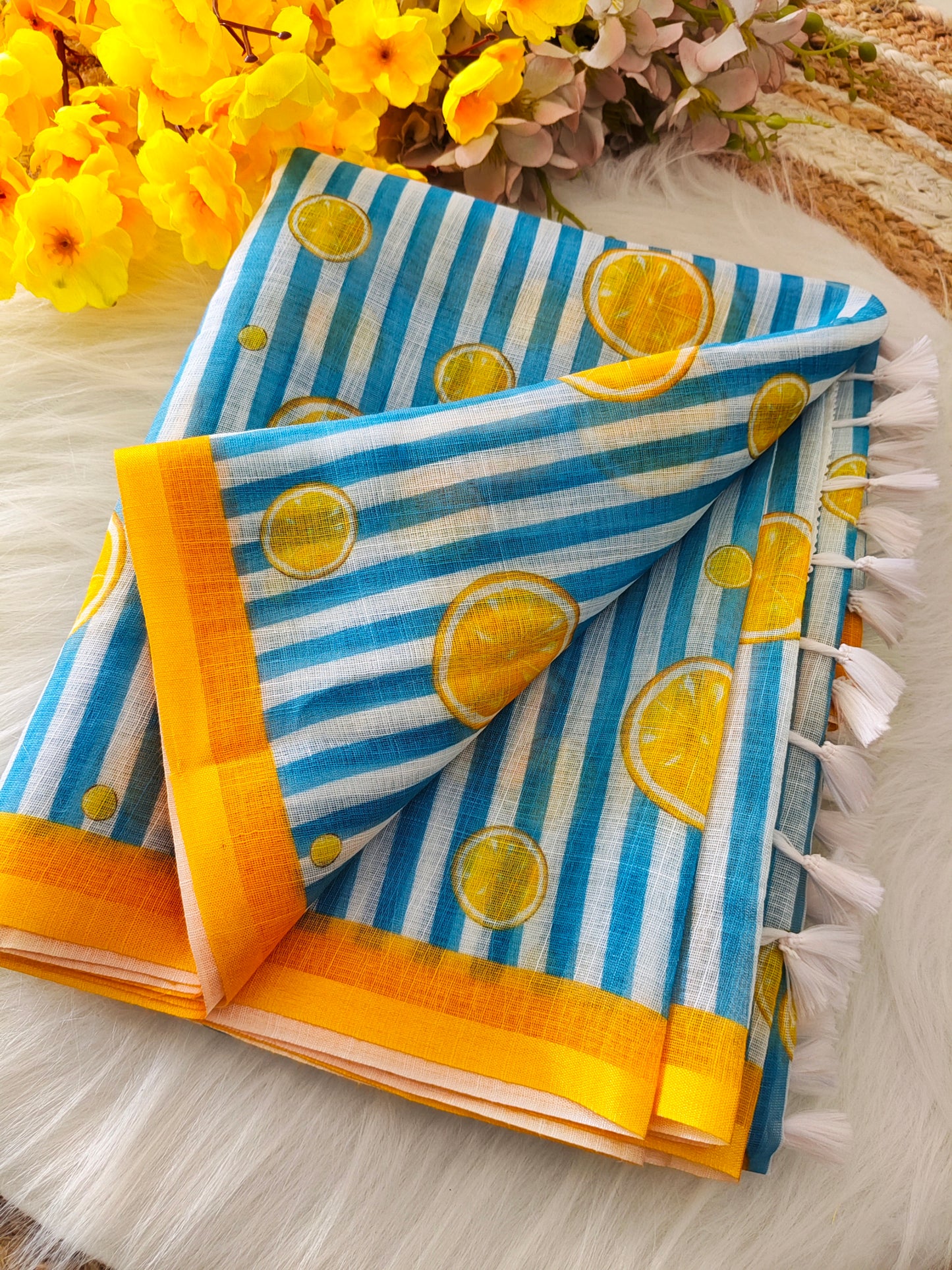 Yellow Bloom Cotton Linen Delicate Prints Saree