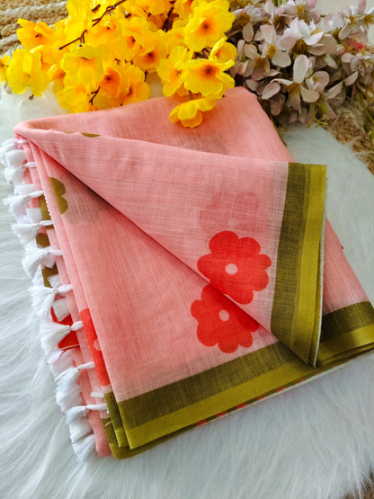 Pink Daily Wear Cotton Linen Saree