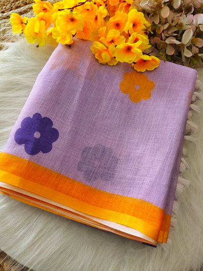 Lavender Color Linen Cotton Saree  Strip Design Pallu