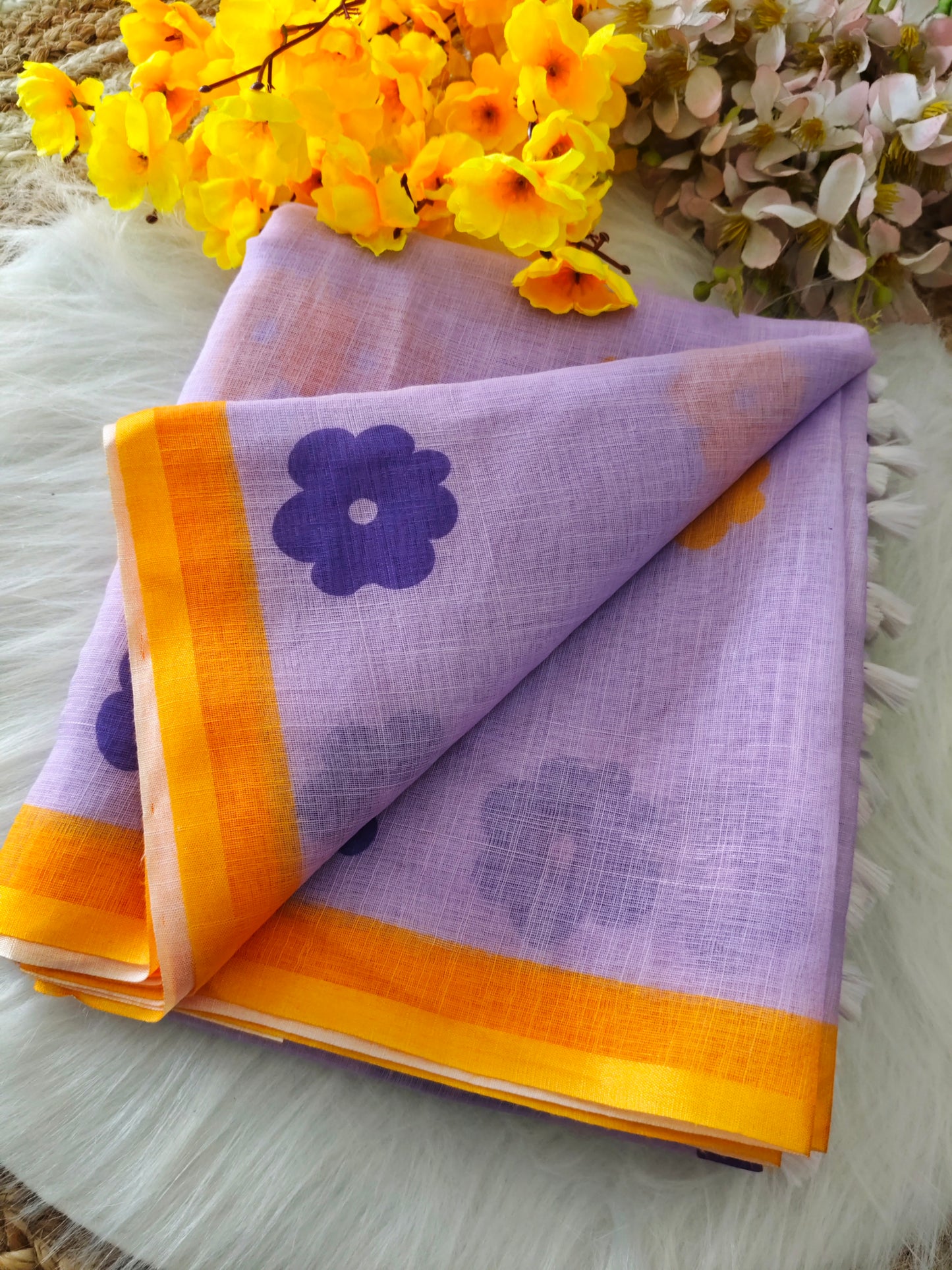 Lavender Color Linen Cotton Saree  Strip Design Pallu