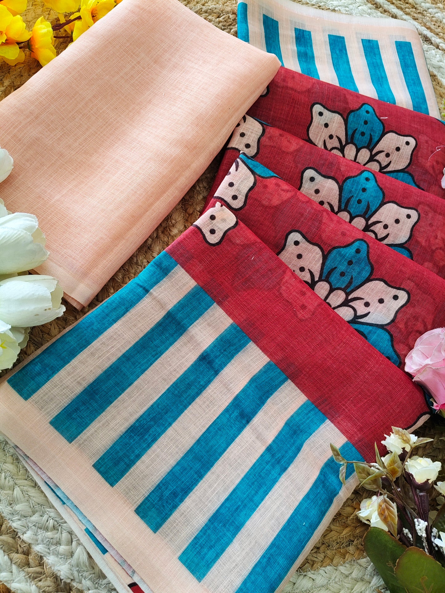 Red  Floral Print Bollywood Linen Cotton Saree