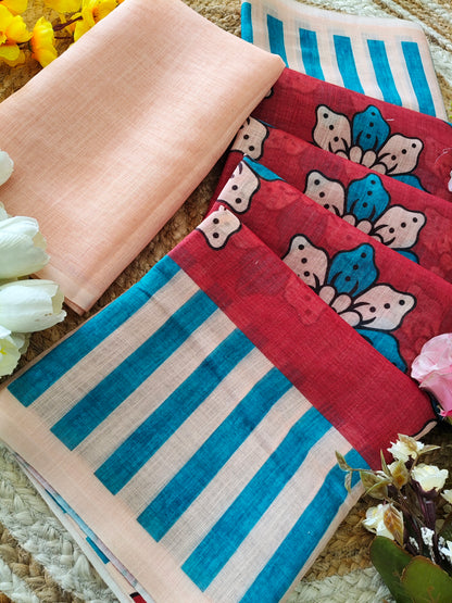 Red  Floral Print Bollywood Linen Cotton Saree