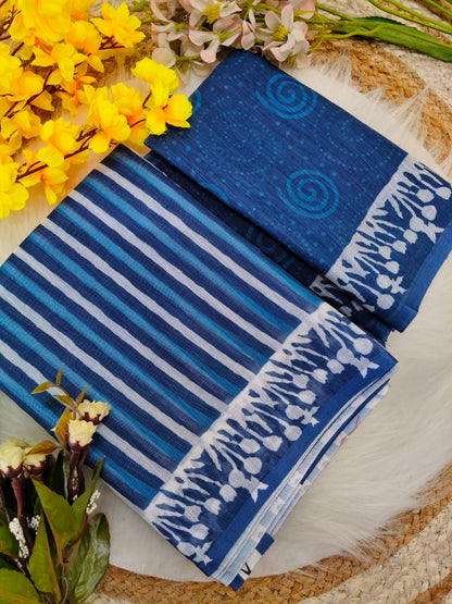 Indigo Blue Bagru Design Print  Linen Cotton Saree