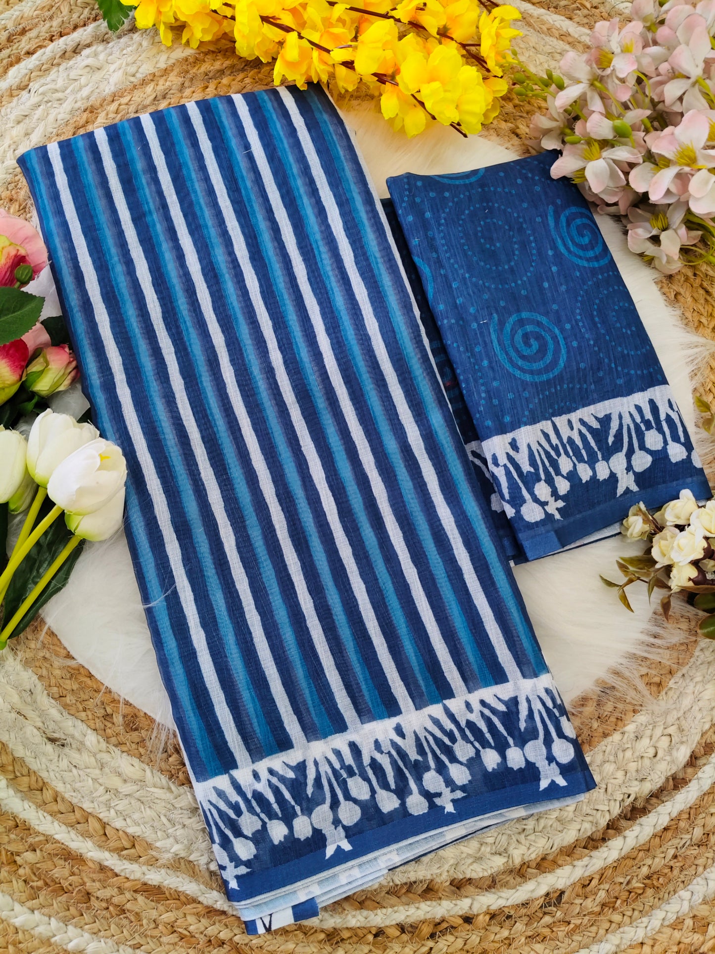 Indigo Blue Bagru Design Print  Linen Cotton Saree
