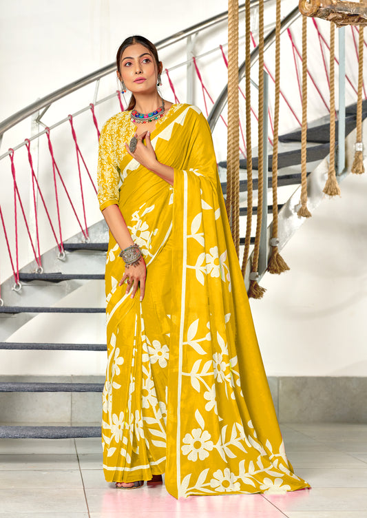 Flora MUSTARD YELLOW Pure MulMul Cotton Saree
