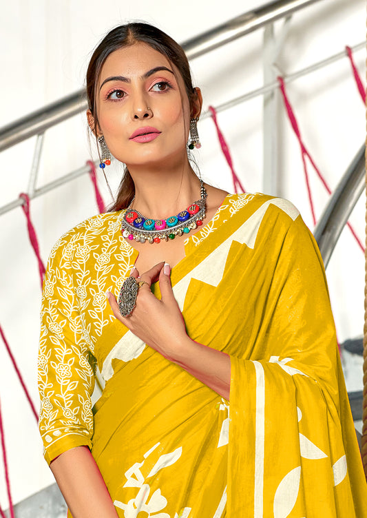 Flora MUSTARD YELLOW Pure MulMul Cotton Saree