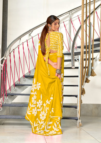 Flora MUSTARD YELLOW Pure MulMul Cotton Saree