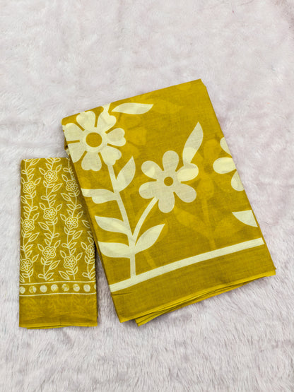 Flora MUSTARD YELLOW Pure MulMul Cotton Saree