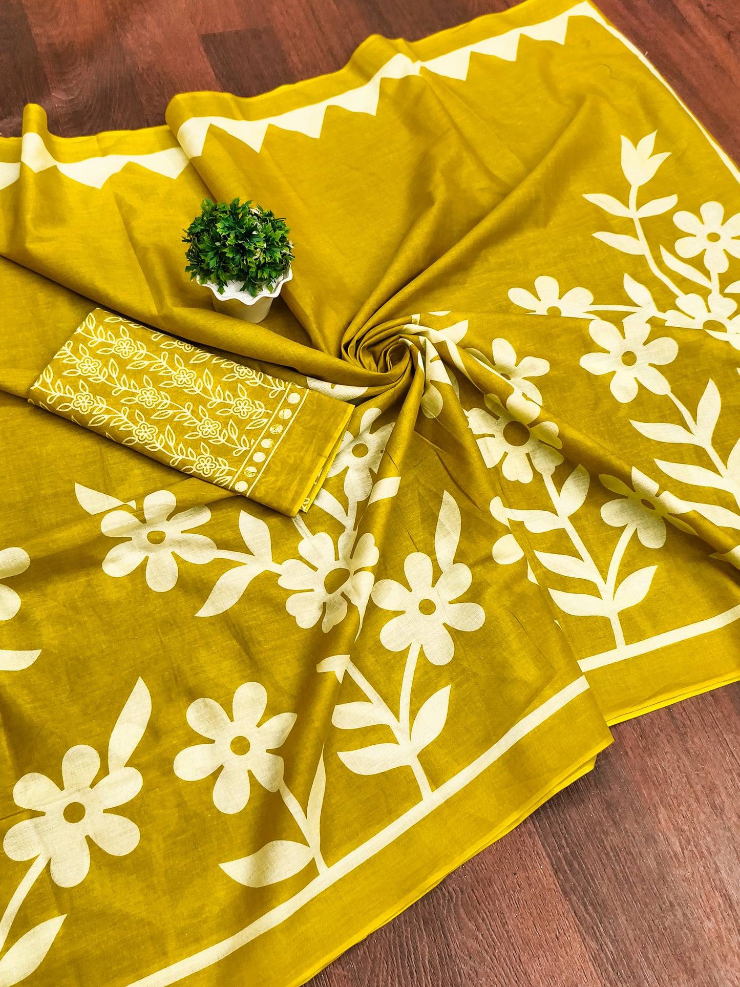 Flora MUSTARD YELLOW Pure MulMul Cotton Saree