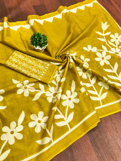 Flora MUSTARD YELLOW Pure MulMul Cotton Saree
