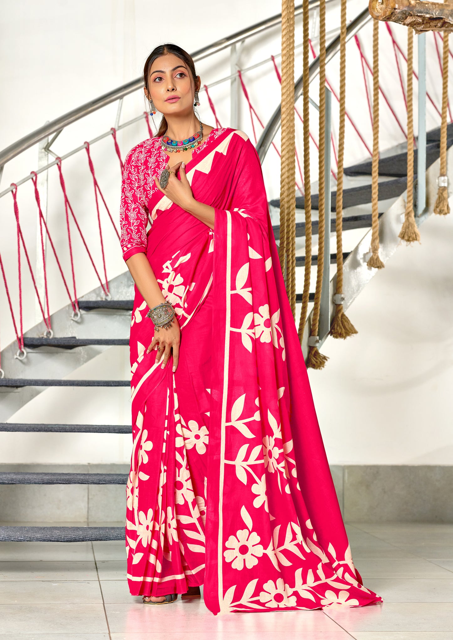 Flora MUSTARD PINK Pure MulMul Cotton Saree