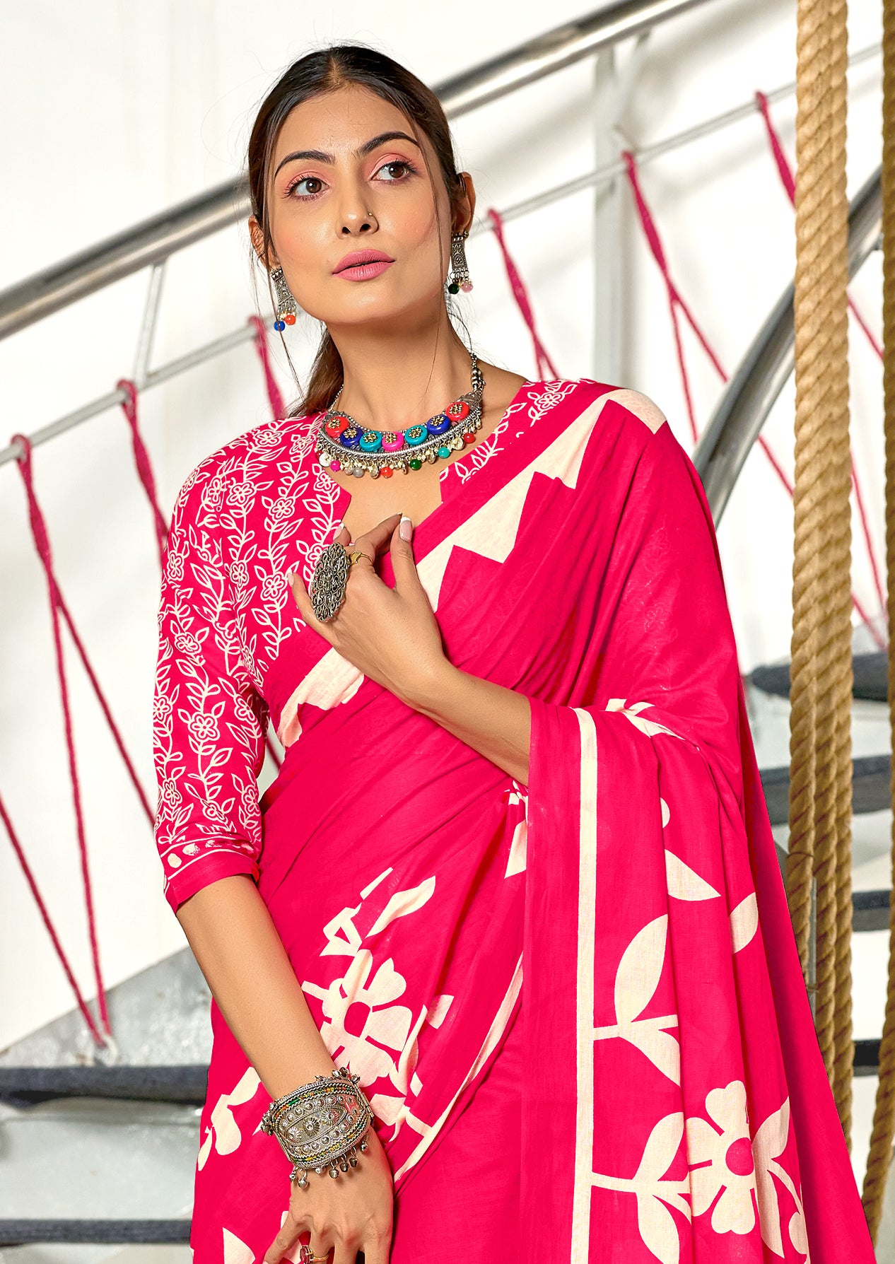 Flora MUSTARD PINK Pure MulMul Cotton Saree