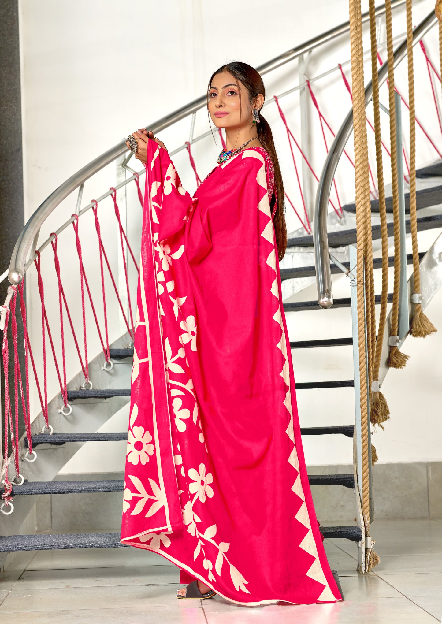 Flora MUSTARD PINK Pure MulMul Cotton Saree