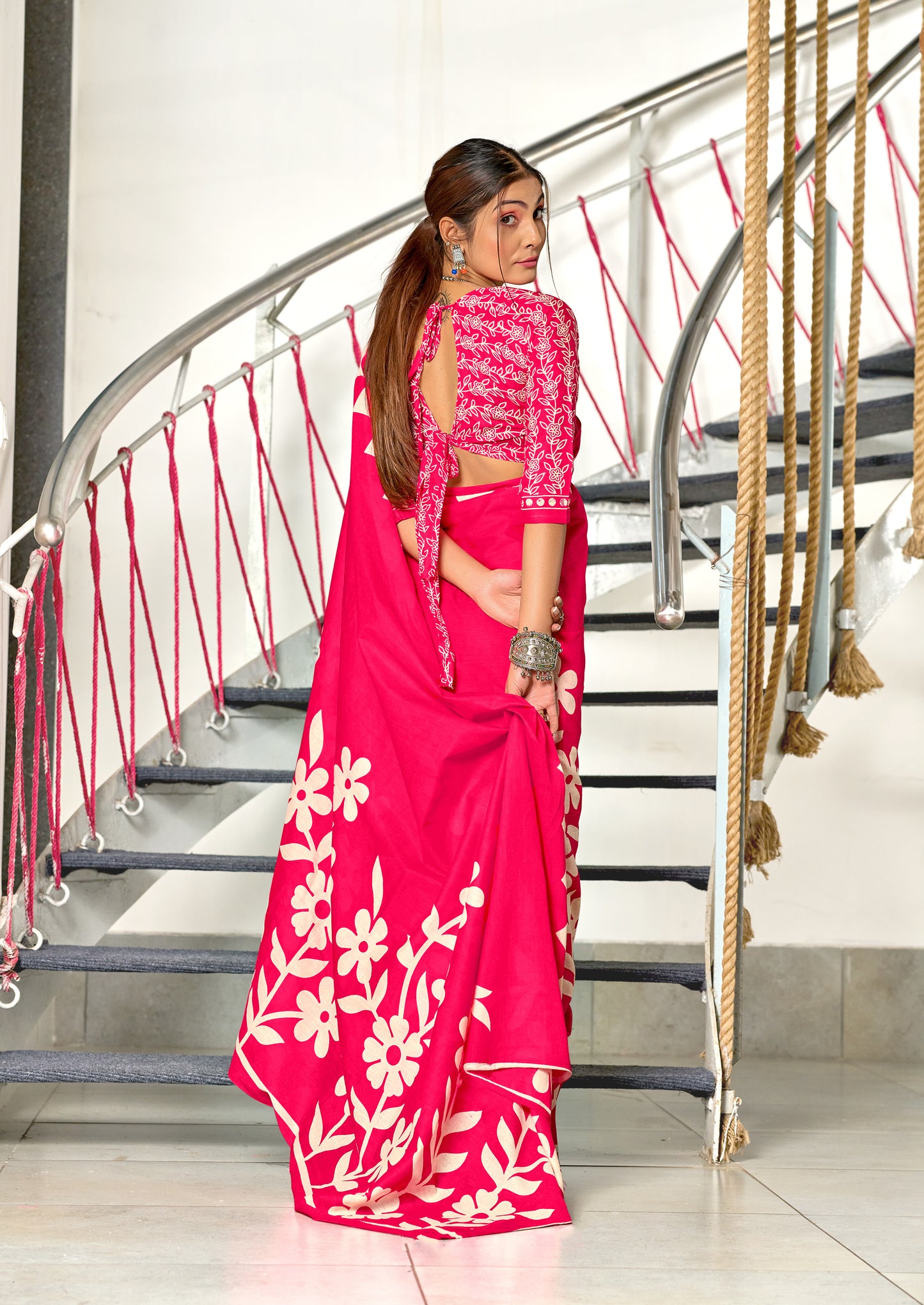 Flora MUSTARD PINK Pure MulMul Cotton Saree