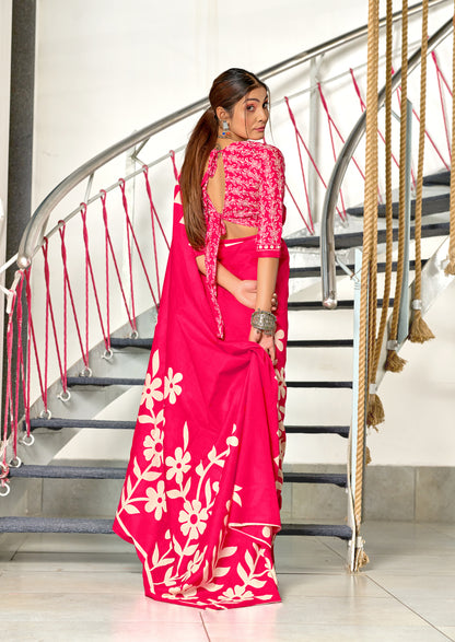 Flora MUSTARD PINK Pure MulMul Cotton Saree