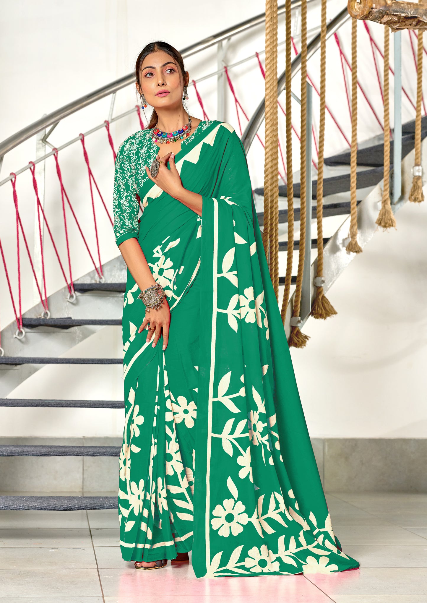 Flora MUSTARD TURQUOISE GREEN Pure MulMul Cotton Saree