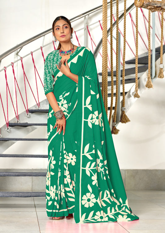 Flora MUSTARD TURQUOISE GREEN Pure MulMul Cotton Saree