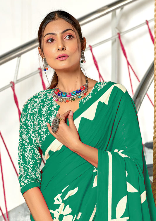Flora MUSTARD TURQUOISE GREEN Pure MulMul Cotton Saree