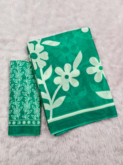 Flora MUSTARD TURQUOISE GREEN Pure MulMul Cotton Saree