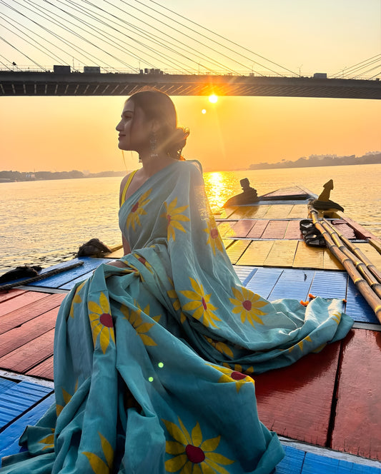 Sunflower Bloom Linen Cotton Saree