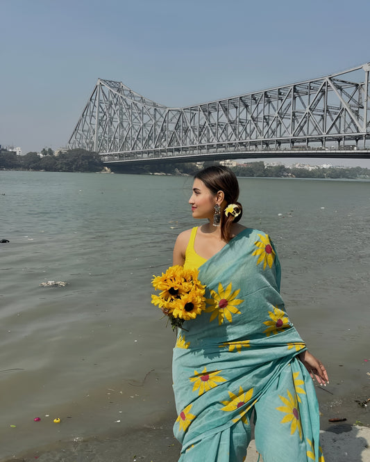 Sunflower Bloom Linen Cotton Saree