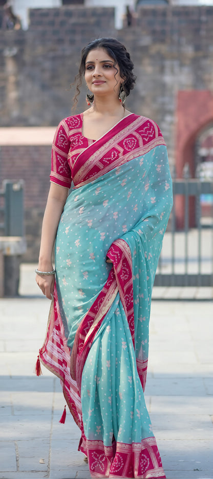 Sky Blue And Pink Silk Foil Print Design With Piping Broder Saree
