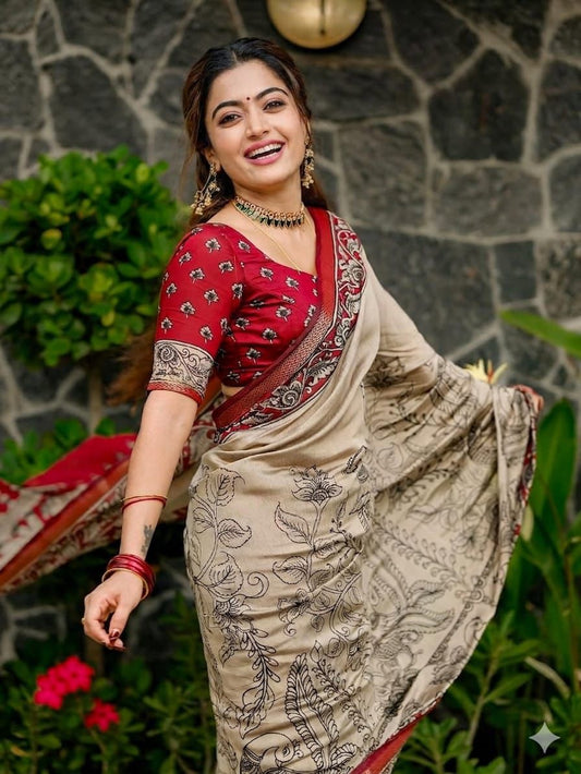 Ajrakh Design Red Colour With Zari Broder Saree