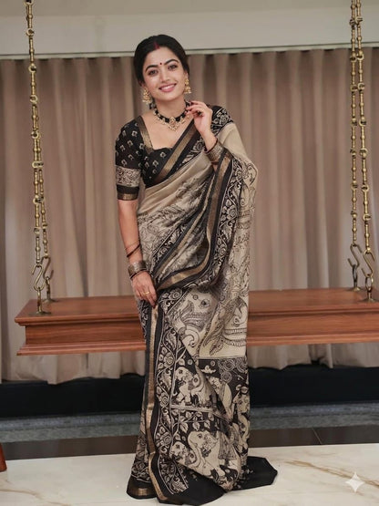 Ajrakh Design Black Colour With Zari Broder Saree