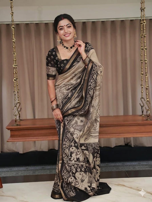 Ajrakh Design Black Colour With Zari Broder Saree