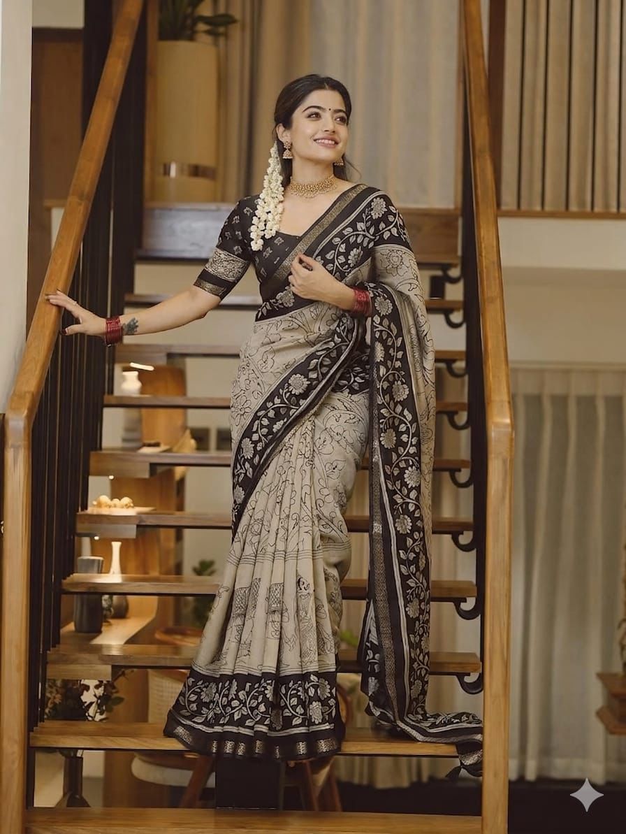 Ajrakh Design Black Colour With Zari Broder Saree
