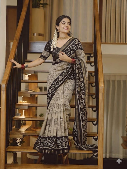 Ajrakh Design Black Colour With Zari Broder Saree