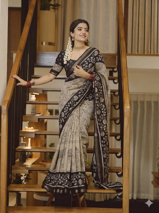 Ajrakh Design Black Colour With Zari Broder Saree