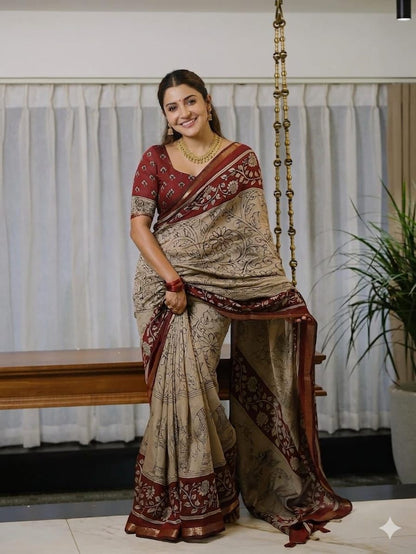Ajrakh Design Red Colour With Zari Broder Saree