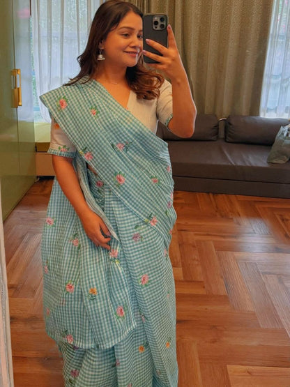 Sky Blue Populer Cheks Pattern Cotton Linen Saree